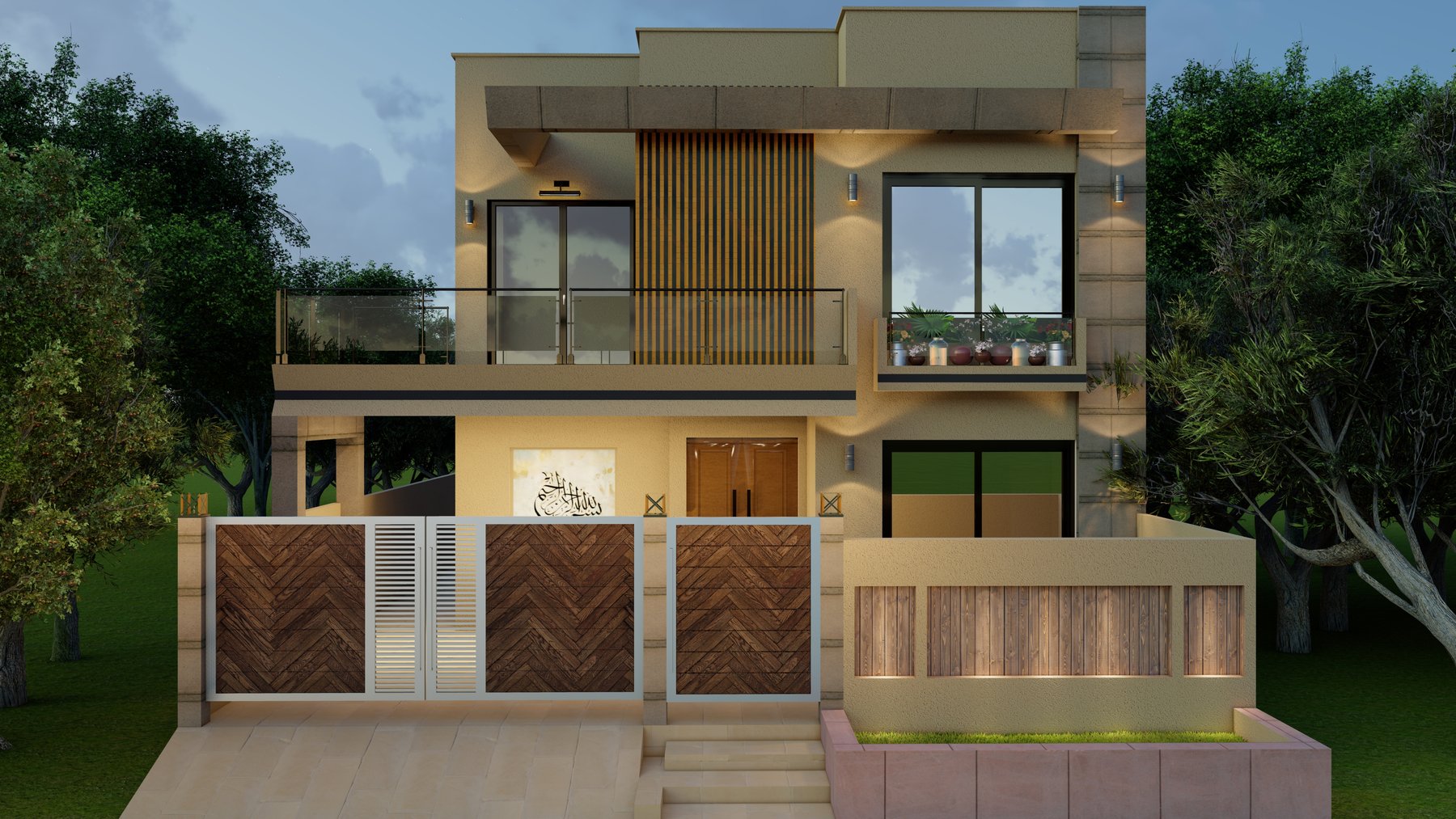 Completed modern two-storey residential front elevation with wood-slat feature panel and glass balcony railing